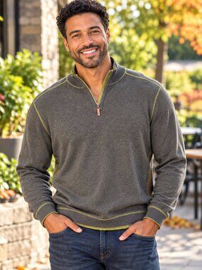 Tommy Bahama Reversible Green & Gray Half Zip Sweater Coastal Grandfather